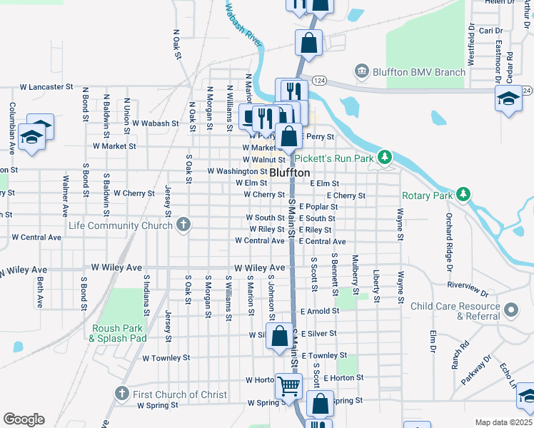 map of restaurants, bars, coffee shops, grocery stores, and more near 320 South Johnson Street in Bluffton