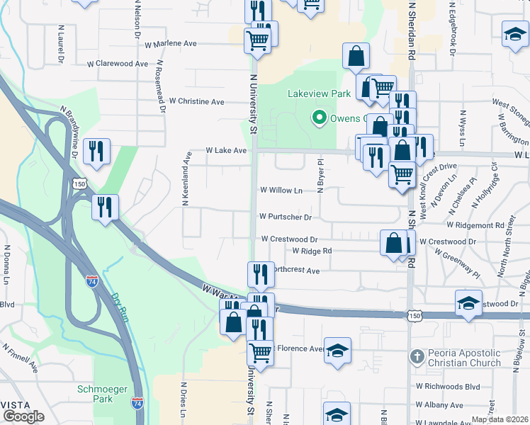 map of restaurants, bars, coffee shops, grocery stores, and more near 1211 W Purtscher Dr in Peoria