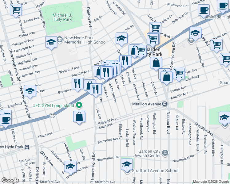 map of restaurants, bars, coffee shops, grocery stores, and more near 38 Old Broadway in New Hyde Park