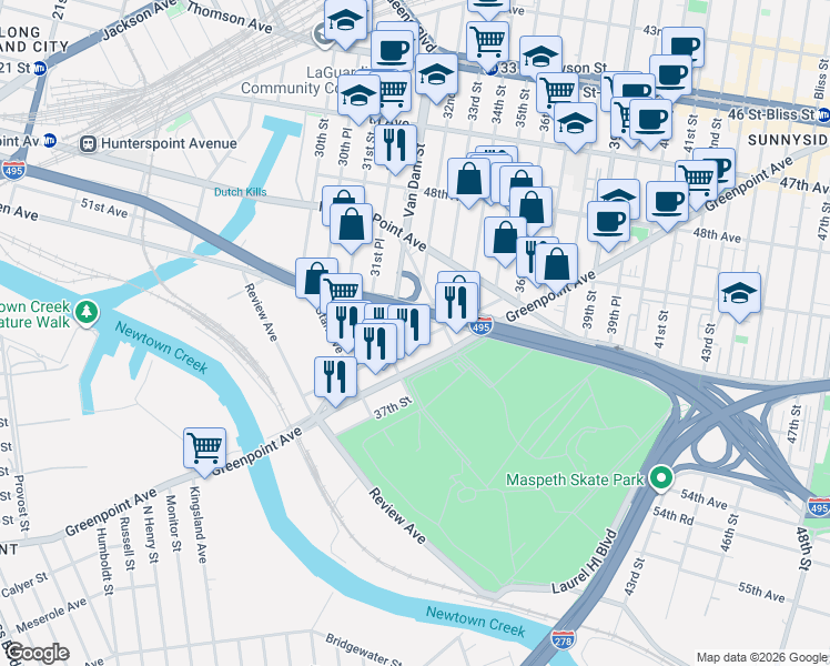 map of restaurants, bars, coffee shops, grocery stores, and more near 51-10 35th Street in Queens