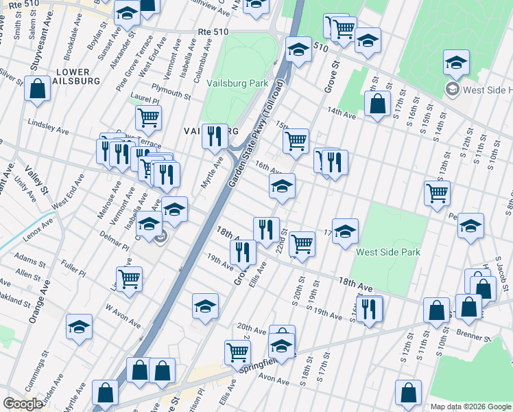 map of restaurants, bars, coffee shops, grocery stores, and more near 18 Montrose Terrace in Irvington