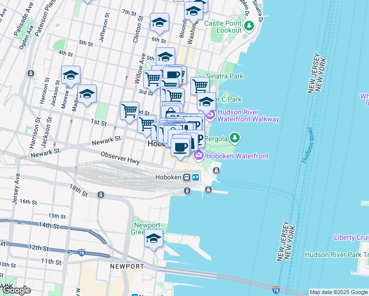 map of restaurants, bars, coffee shops, grocery stores, and more near 5 Marine View Plaza in Hoboken