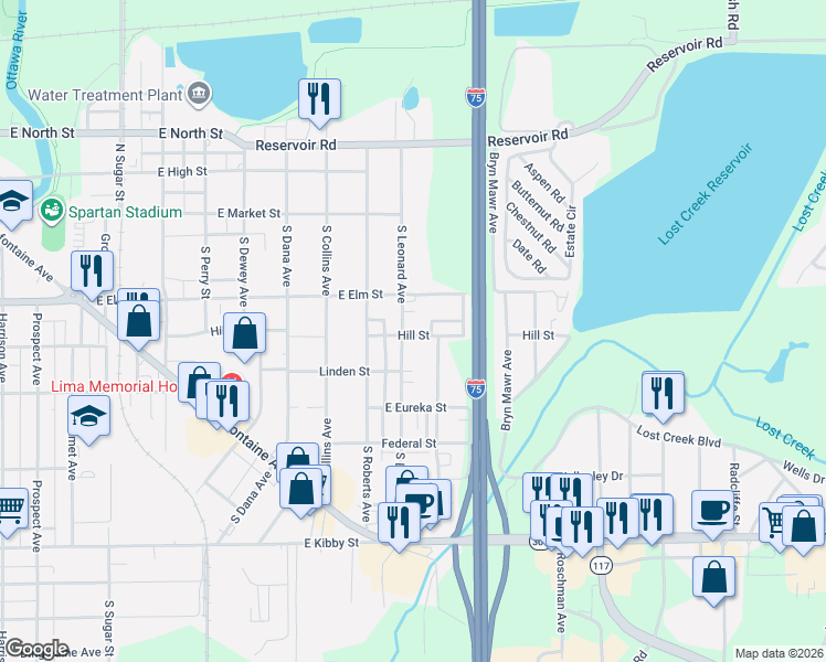 map of restaurants, bars, coffee shops, grocery stores, and more near 261 South Leonard Avenue in Lima