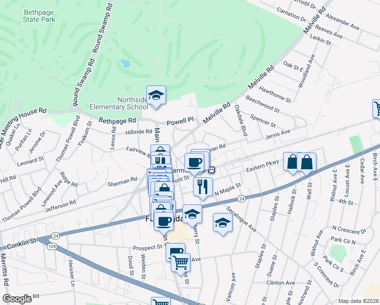 map of restaurants, bars, coffee shops, grocery stores, and more near 25 Sullivan Road in Farmingdale