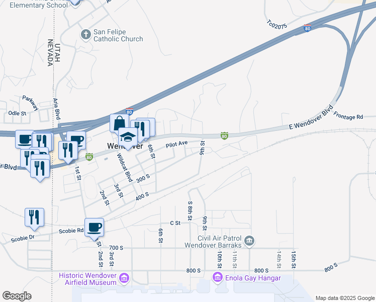 map of restaurants, bars, coffee shops, grocery stores, and more near 250 8th Street in Wendover