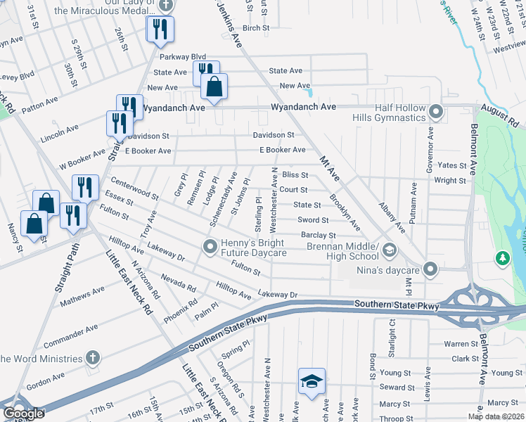 map of restaurants, bars, coffee shops, grocery stores, and more near 943 Sterling Place in West Babylon