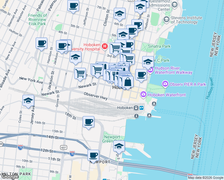 map of restaurants, bars, coffee shops, grocery stores, and more near 163 Newark Street in Hoboken
