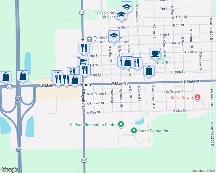 map of restaurants, bars, coffee shops, grocery stores, and more near 101-149 South Walnut Street in El Paso