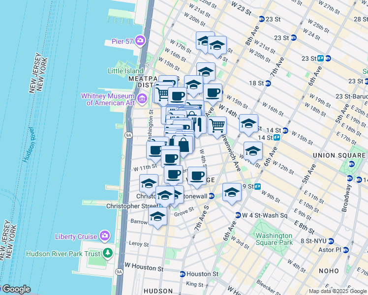 map of restaurants, bars, coffee shops, grocery stores, and more near 83 Bank Street in New York