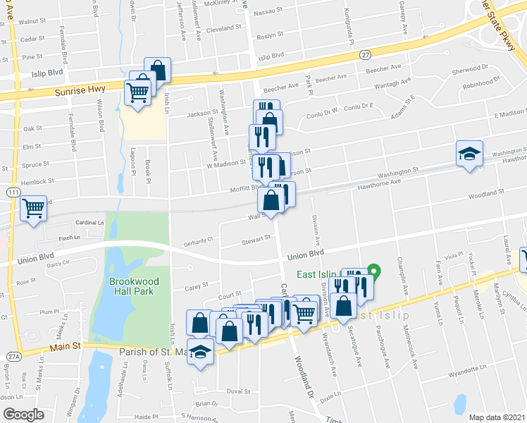 map of restaurants, bars, coffee shops, grocery stores, and more near 5 Wall Street in East Islip