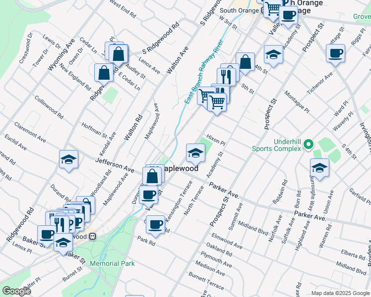 map of restaurants, bars, coffee shops, grocery stores, and more near 467 Valley Street in Maplewood