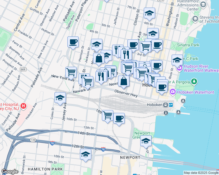map of restaurants, bars, coffee shops, grocery stores, and more near 415 Newark Street in Hoboken