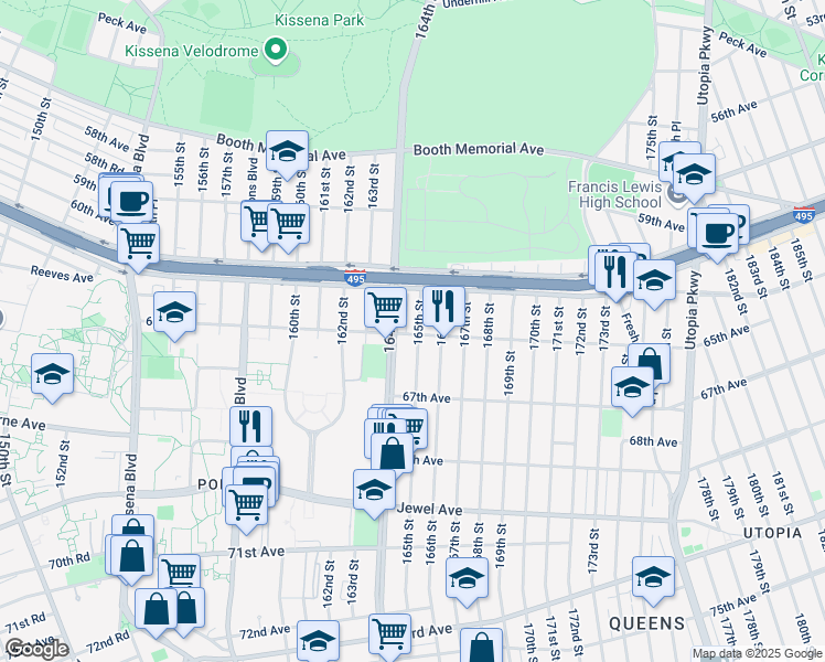map of restaurants, bars, coffee shops, grocery stores, and more near 61-52 165th Street in Queens