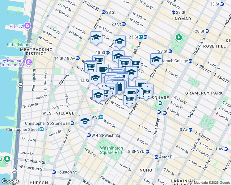 map of restaurants, bars, coffee shops, grocery stores, and more near 65 West 13th Street in New York