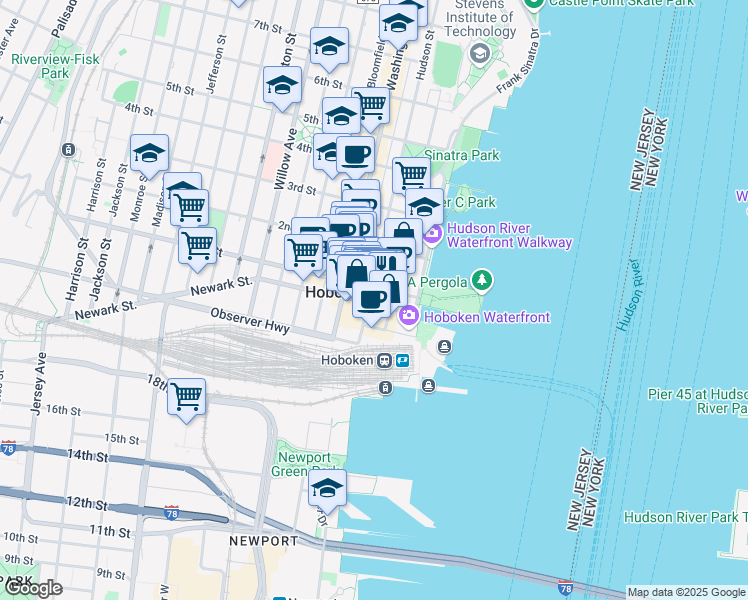 map of restaurants, bars, coffee shops, grocery stores, and more near 5 Marine View Plaza in Hoboken