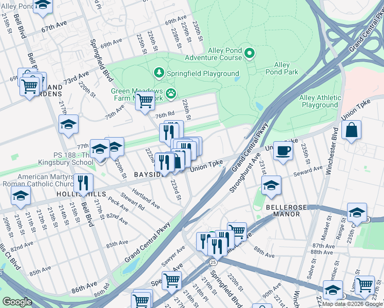 map of restaurants, bars, coffee shops, grocery stores, and more near 78-14 226th Street in Queens