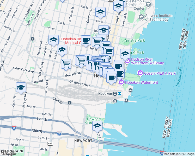 map of restaurants, bars, coffee shops, grocery stores, and more near 163 Newark Street in Hoboken