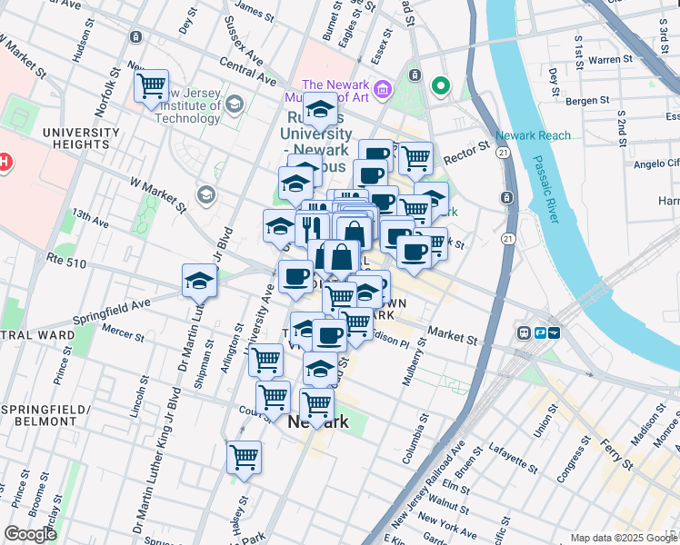 map of restaurants, bars, coffee shops, grocery stores, and more near 165 Halsey Street in Newark