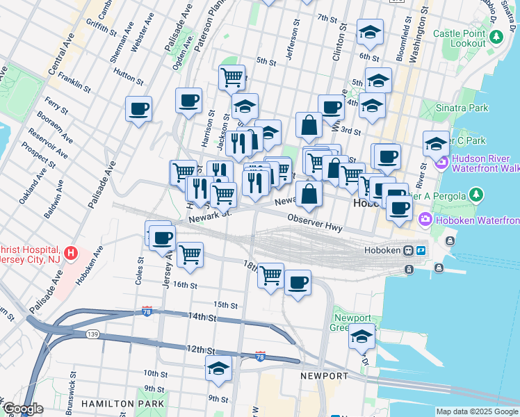 map of restaurants, bars, coffee shops, grocery stores, and more near Observer Highway in Hoboken