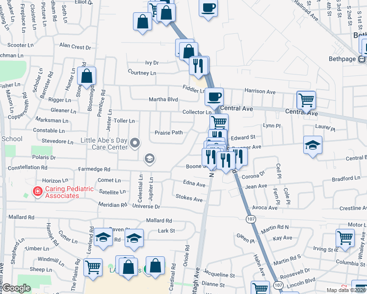 map of restaurants, bars, coffee shops, grocery stores, and more near 3690 Farm Ranch Road East in Bethpage