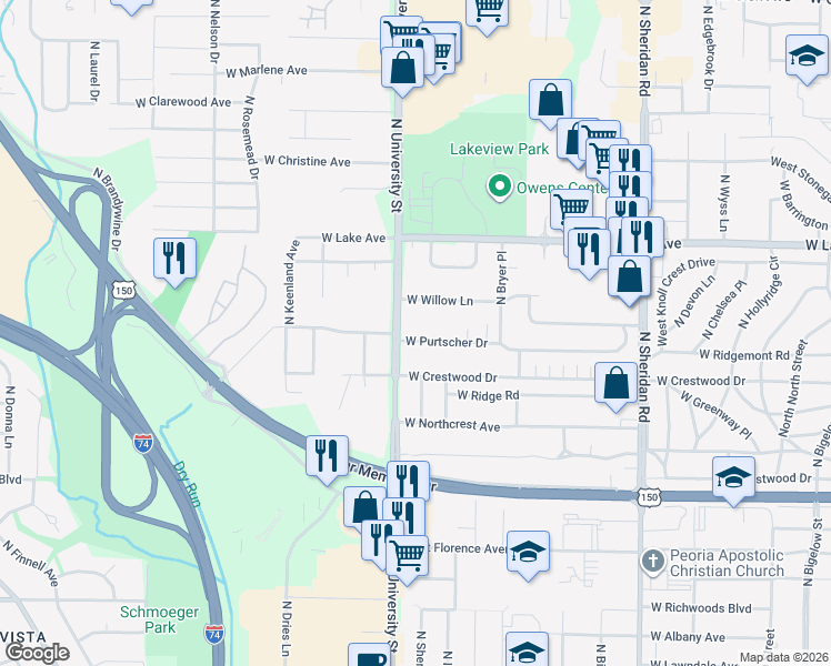 map of restaurants, bars, coffee shops, grocery stores, and more near 1211 W Purtscher Dr in Peoria