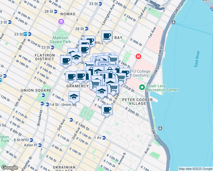 map of restaurants, bars, coffee shops, grocery stores, and more near 310 East 22nd Street in New York