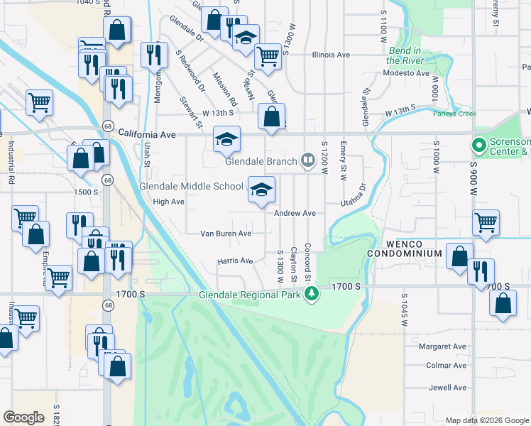map of restaurants, bars, coffee shops, grocery stores, and more near 1251 West Andrew Avenue in Salt Lake City