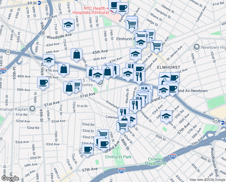 map of restaurants, bars, coffee shops, grocery stores, and more near 51-01 Hillyer Street in Queens