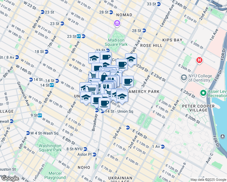 map of restaurants, bars, coffee shops, grocery stores, and more near 37 East 18th Street in New York