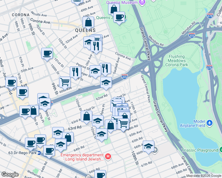 map of restaurants, bars, coffee shops, grocery stores, and more near in Queens