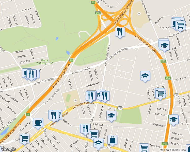 map of restaurants, bars, coffee shops, grocery stores, and more near 80-38 236th Street in Queens