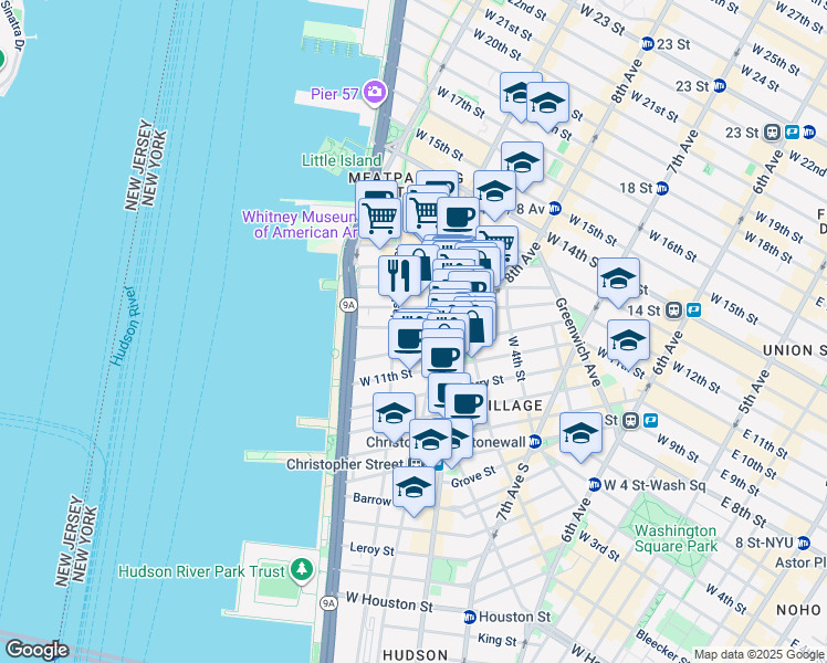 map of restaurants, bars, coffee shops, grocery stores, and more near 31 Bethune Street in New York
