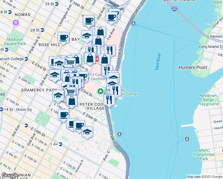 map of restaurants, bars, coffee shops, grocery stores, and more near 10 Waterside Plaza in New York