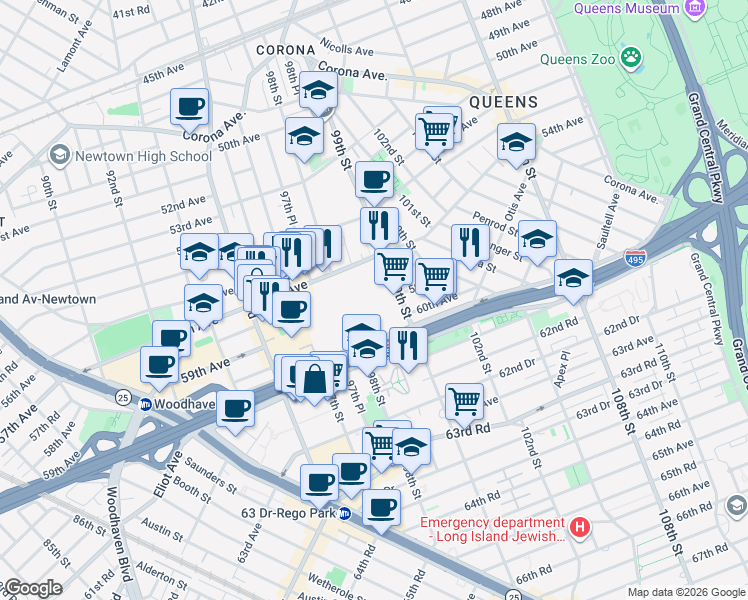 map of restaurants, bars, coffee shops, grocery stores, and more near 98-38 57th Avenue in Queens