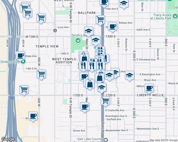 map of restaurants, bars, coffee shops, grocery stores, and more near 15 Kensington Avenue South in Salt Lake City