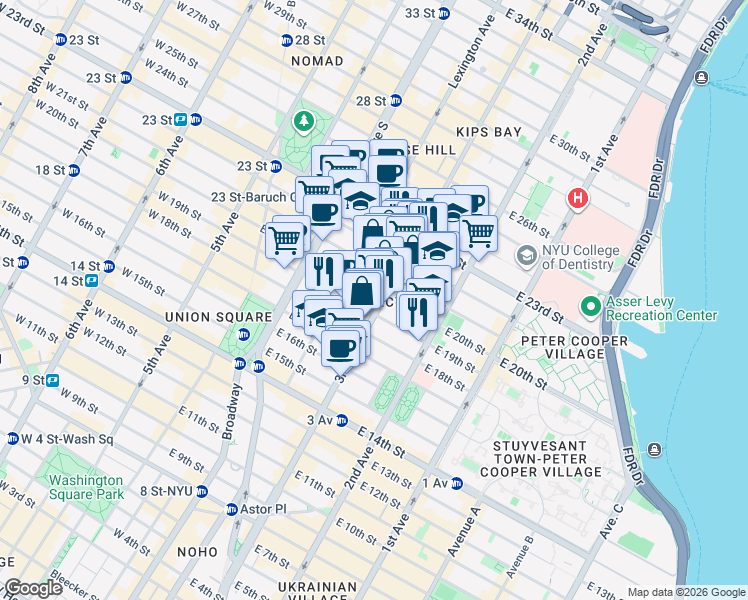 map of restaurants, bars, coffee shops, grocery stores, and more near in New York