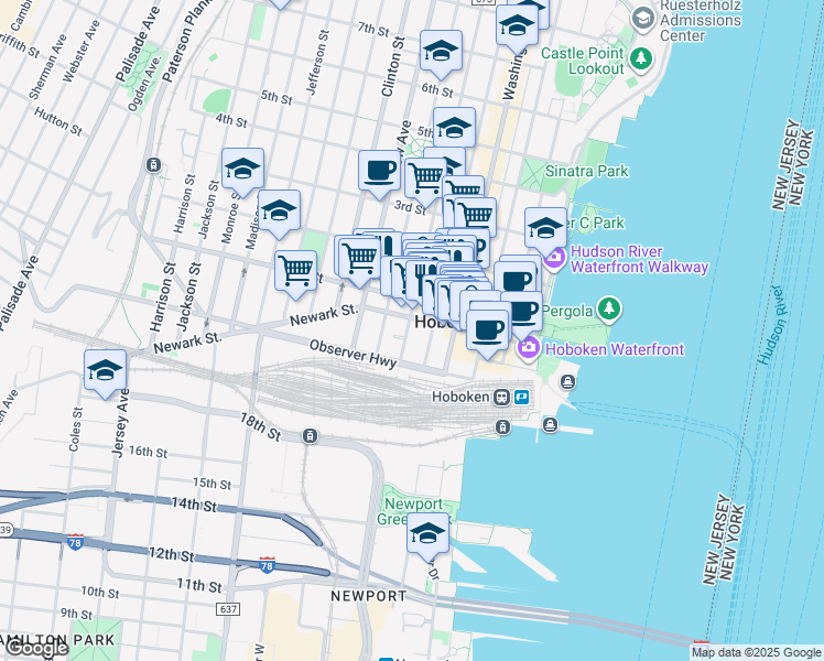map of restaurants, bars, coffee shops, grocery stores, and more near 163 Newark Street in Hoboken