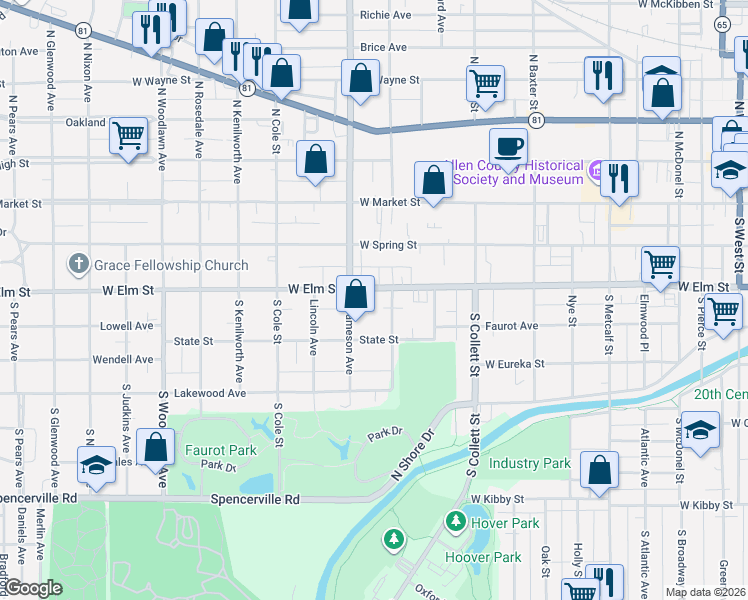 map of restaurants, bars, coffee shops, grocery stores, and more near 304 South Charles Street in Lima
