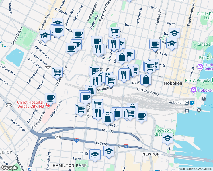 map of restaurants, bars, coffee shops, grocery stores, and more near 610 Newark Street in Hoboken