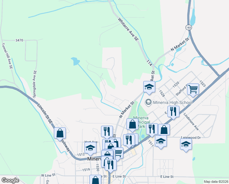 map of restaurants, bars, coffee shops, grocery stores, and more near 4400 Surrey Drive Southeast in Minerva
