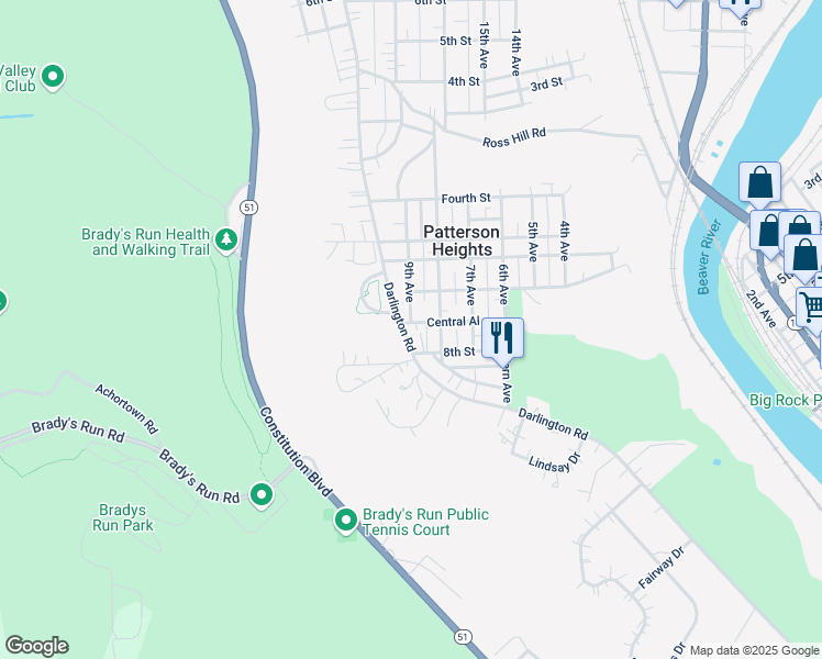 map of restaurants, bars, coffee shops, grocery stores, and more near 66 Darlington Road in Beaver Falls