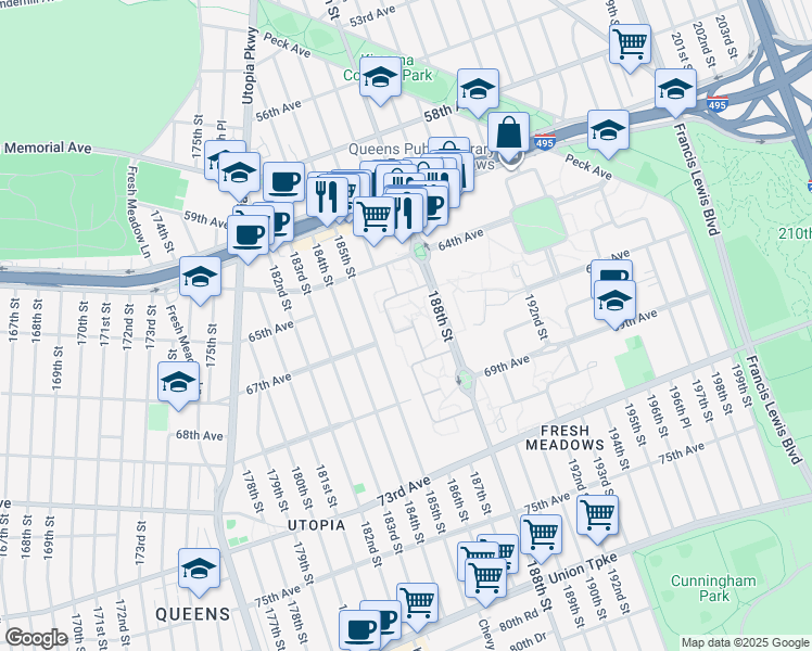 map of restaurants, bars, coffee shops, grocery stores, and more near 67-5H 186th Lane in Queens