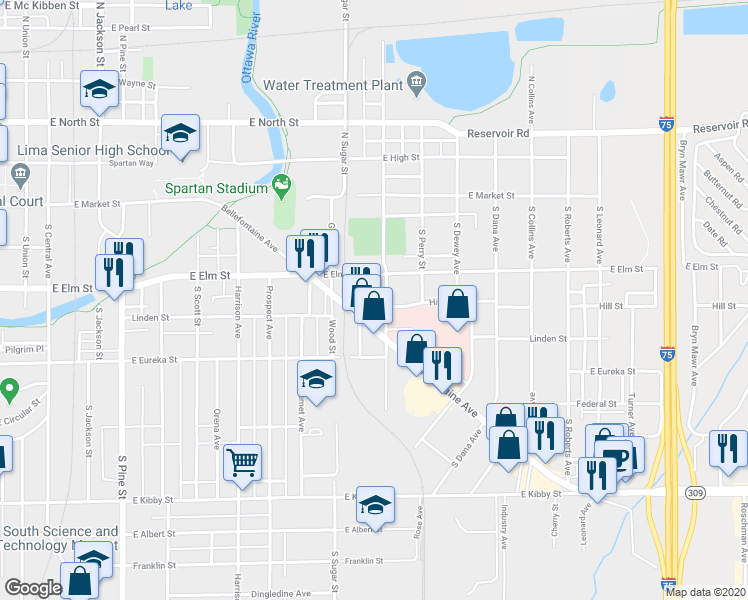 map of restaurants, bars, coffee shops, grocery stores, and more near 1136 Hill Street in Lima