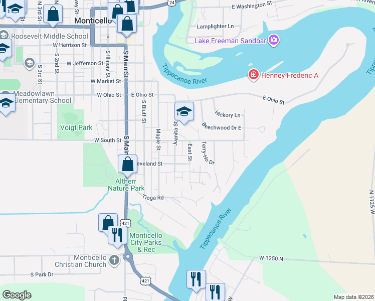 map of restaurants, bars, coffee shops, grocery stores, and more near 615 Juanita Street in Monticello
