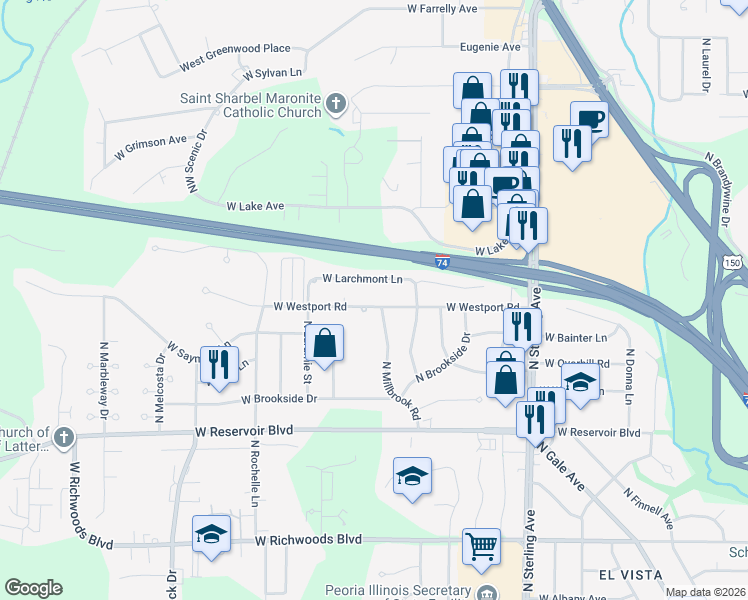 map of restaurants, bars, coffee shops, grocery stores, and more near 2907 West Westport Road in Peoria