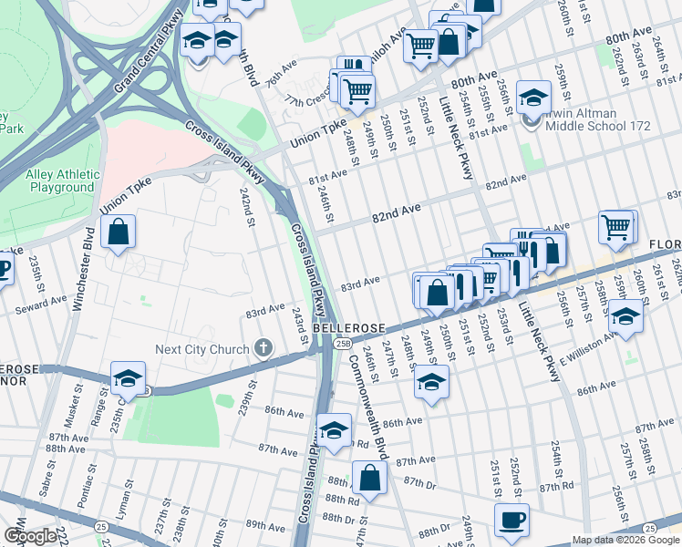 map of restaurants, bars, coffee shops, grocery stores, and more near 82-54 246th Street in Queens