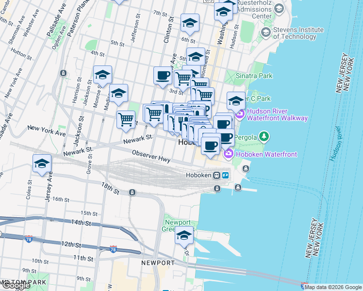 map of restaurants, bars, coffee shops, grocery stores, and more near 163 Newark Street in Hoboken