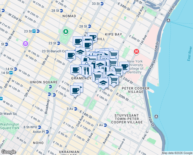 map of restaurants, bars, coffee shops, grocery stores, and more near 224 East 21st Street in New York