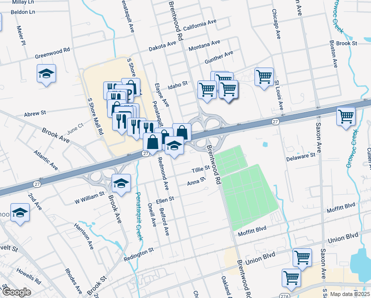 map of restaurants, bars, coffee shops, grocery stores, and more near 1754 Sunrise Highway South Service Road in Bay Shore
