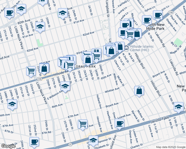 map of restaurants, bars, coffee shops, grocery stores, and more near 264-04 East Williston Avenue in Queens